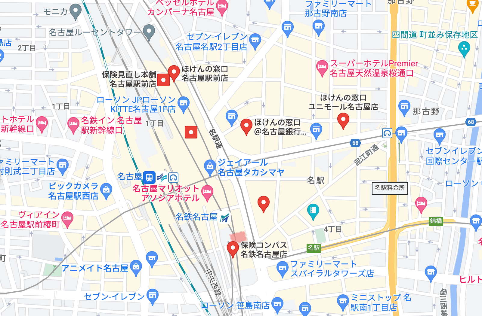 名古屋駅の保険相談窓口のマップ